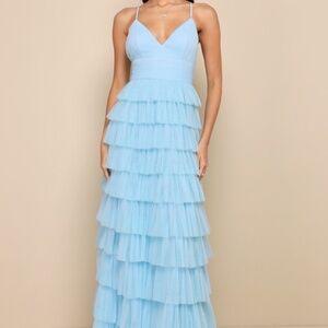Lulus Radiant Event Light Blue Mesh Tiered Pleated Backless Maxi Dress - Size XL